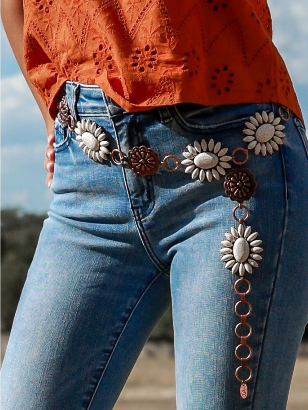 NWT Western Copper Cream Floral Concho Link Adjustable Belt